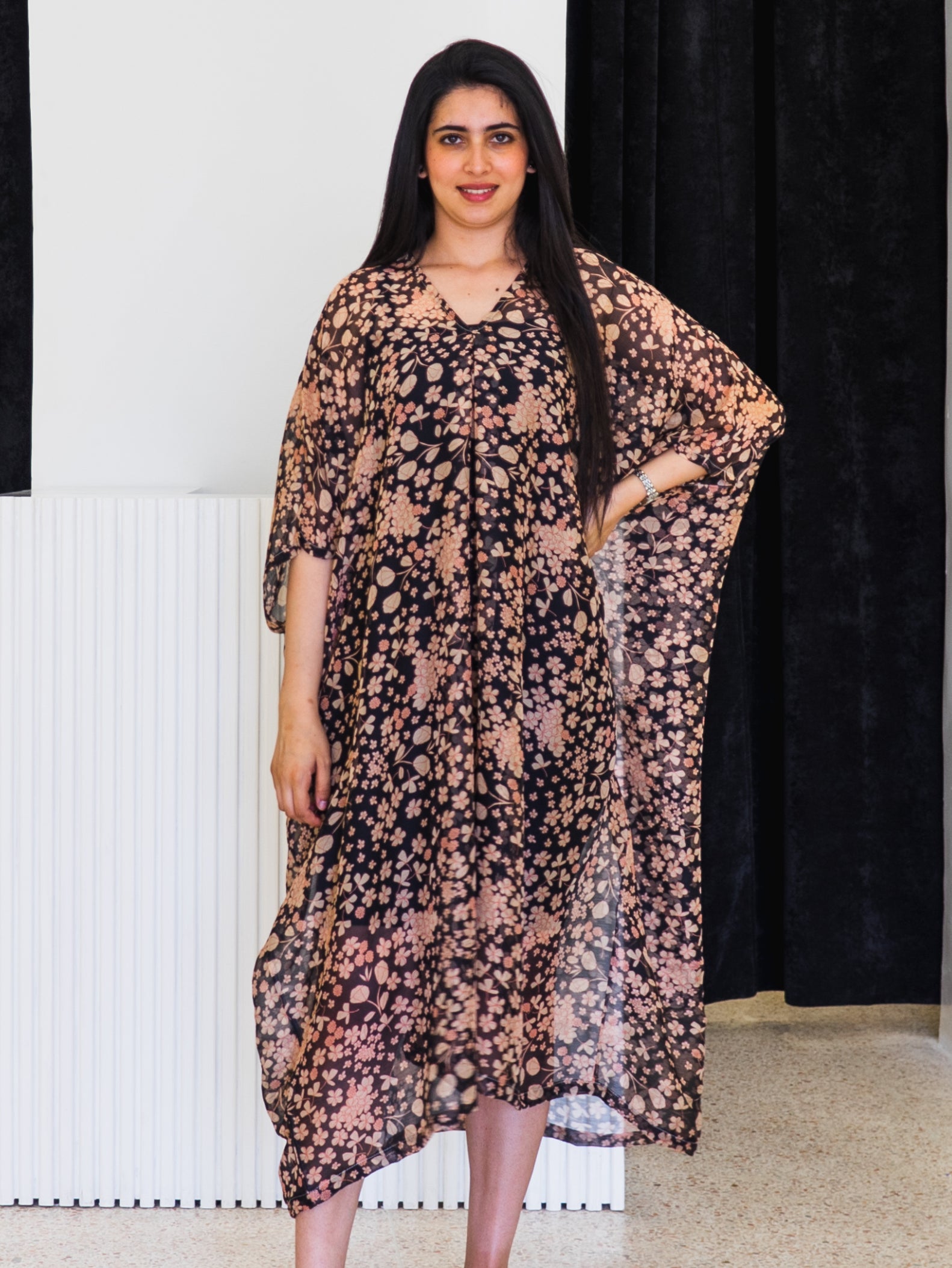 Robe Caftan Lamiae - Noir, Rose & Blanc Cassé