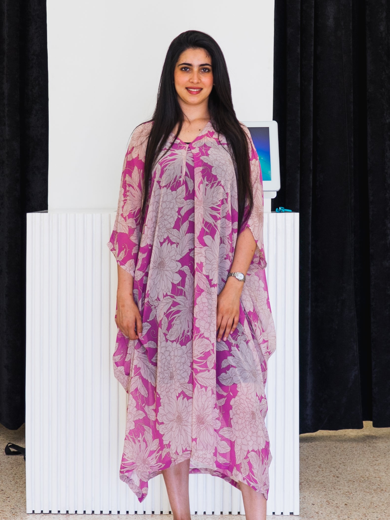 Robe Caftan Lamiae - Rose & Blanc Cassé