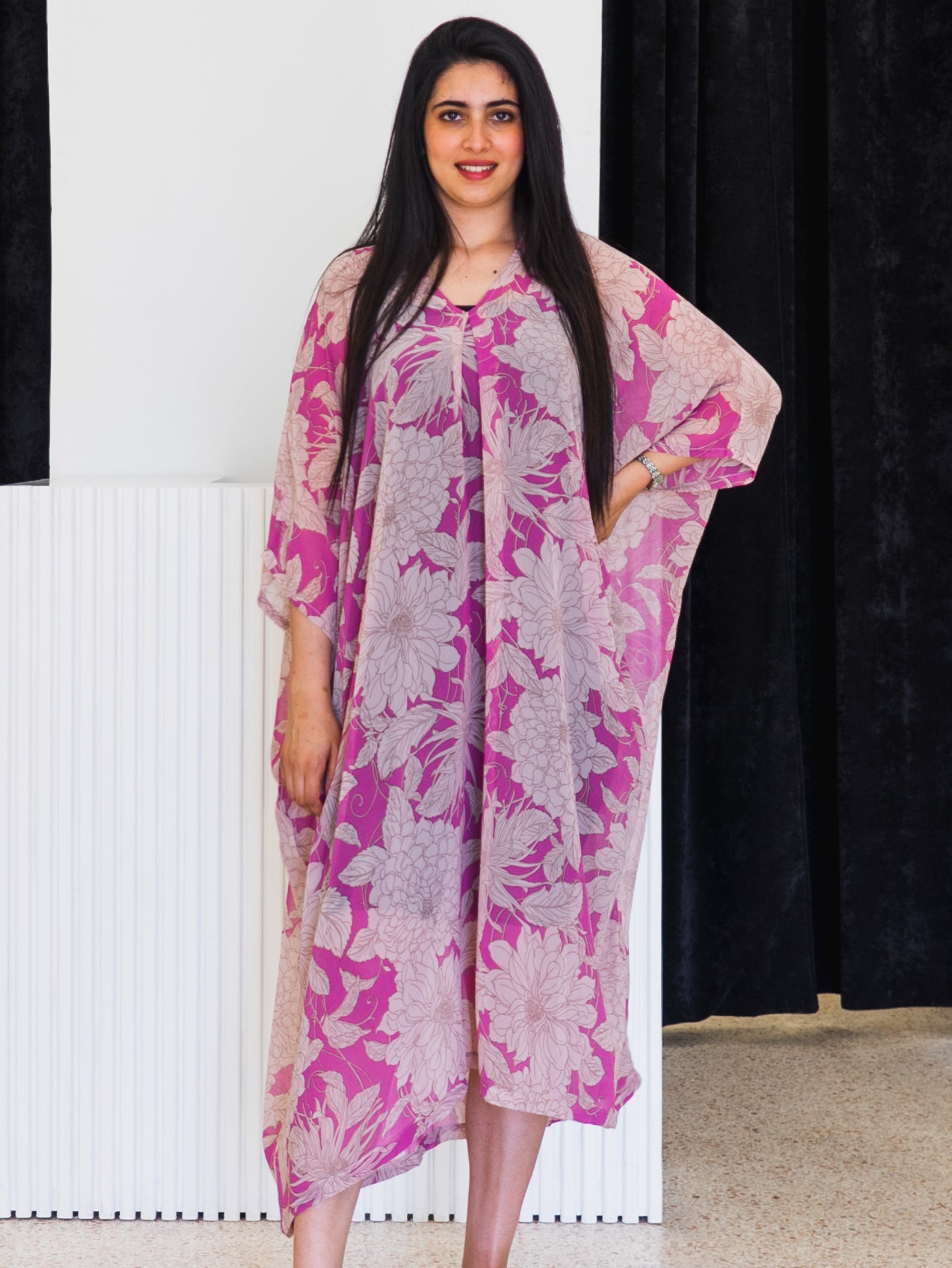 Robe Caftan Lamiae - Rose & Blanc Cassé