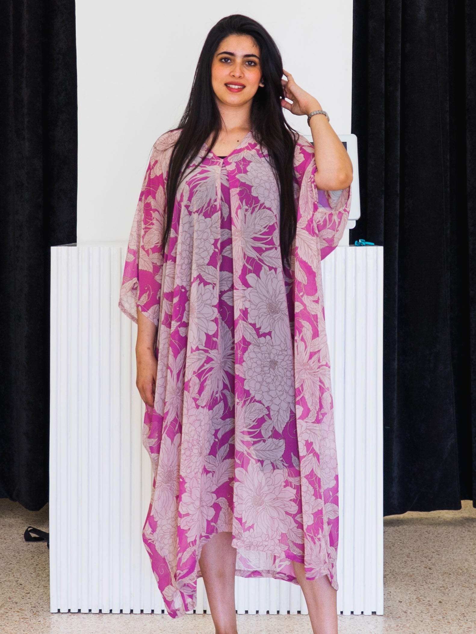 Robe Caftan Lamiae - Rose & Blanc Cassé