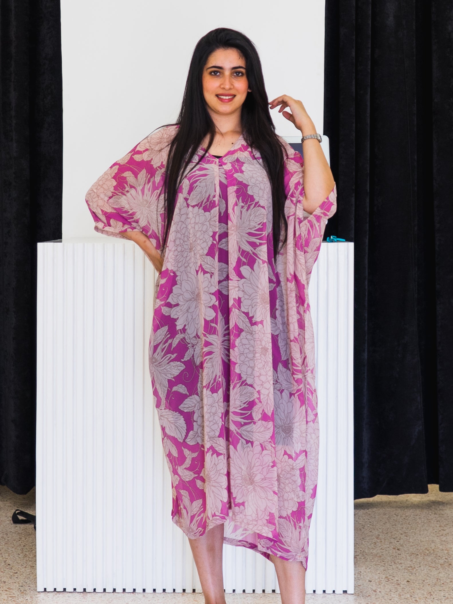 Robe Caftan Lamiae - Rose & Blanc Cassé