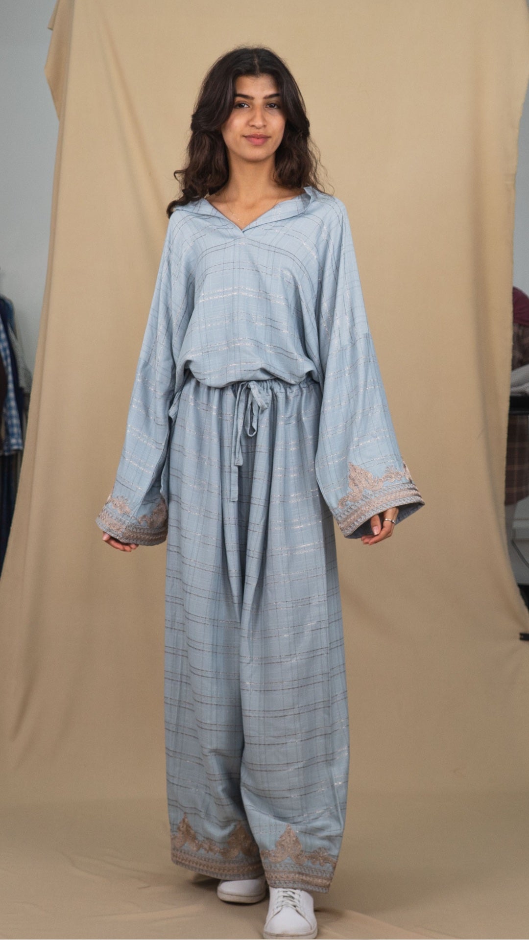 Ensemble Manar - Bleu à Carreaux avec Broderie Bronze