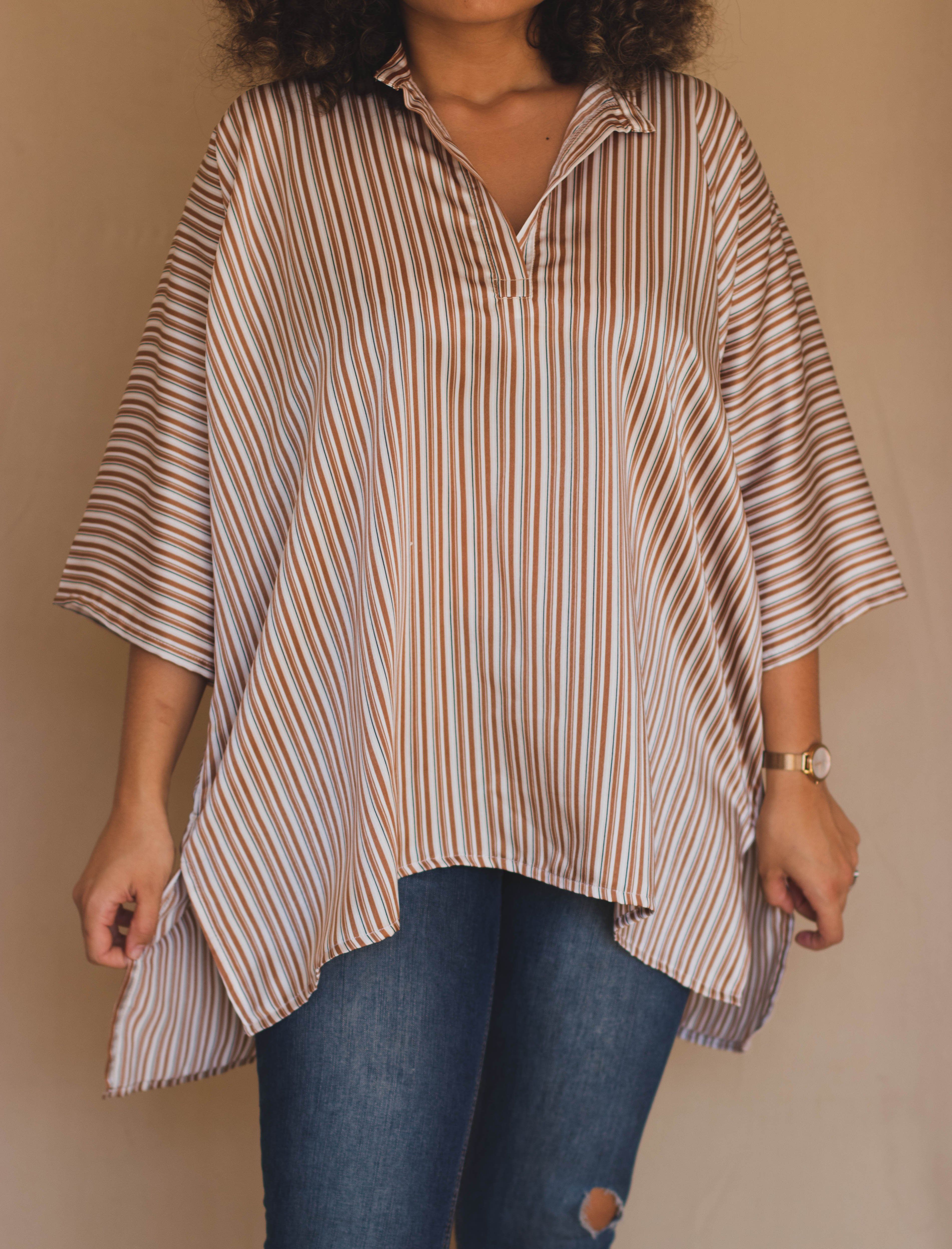 Chemise Sonia à Manches 3/4 - Motifs Rayures Marron et Blanches