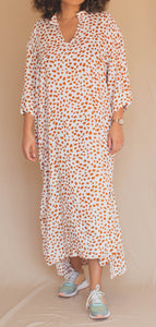 Gandoura Manches 3/4 - Motifs Orange sur Blanc