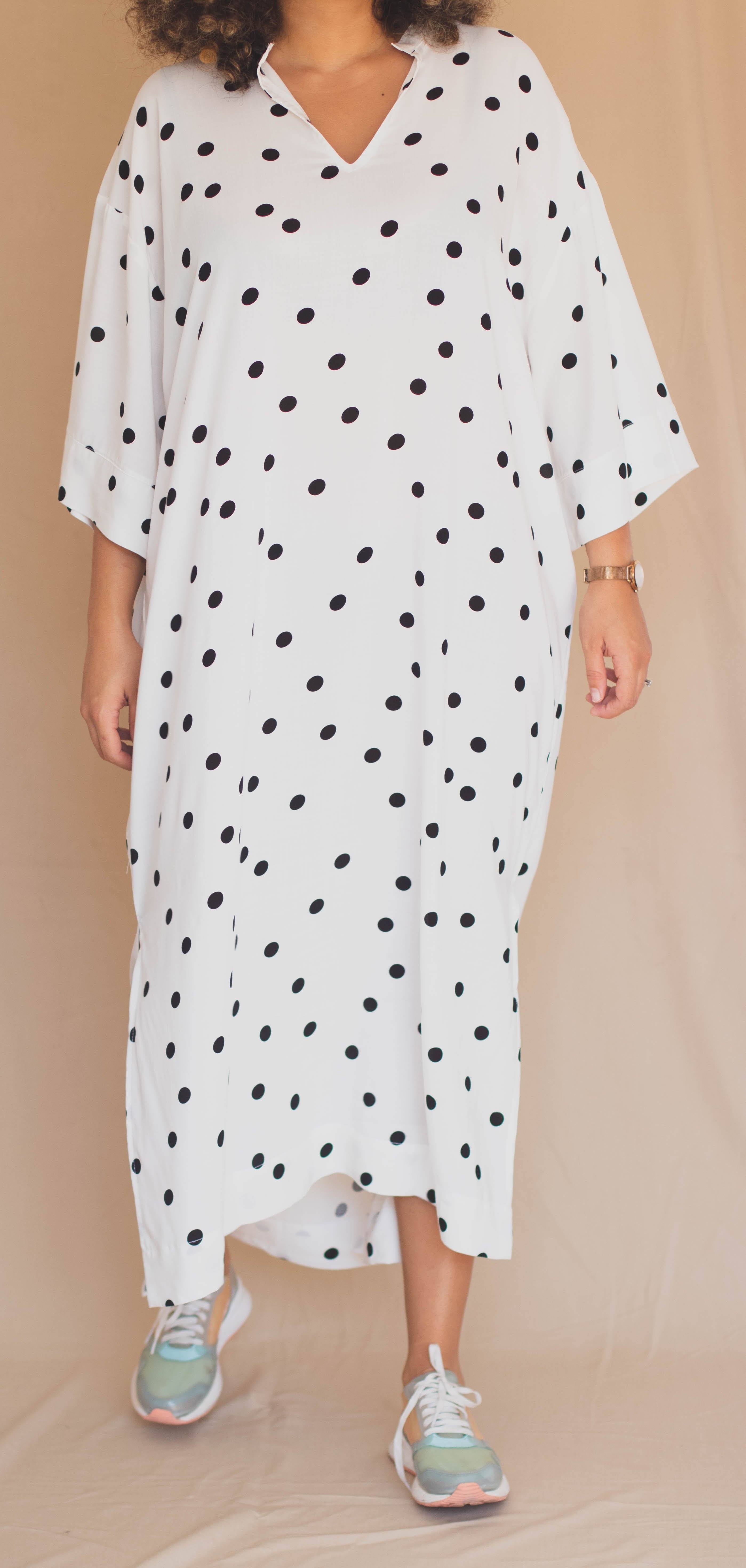 Gandoura Manches 3/4 - Ronds Noir sur Blanc